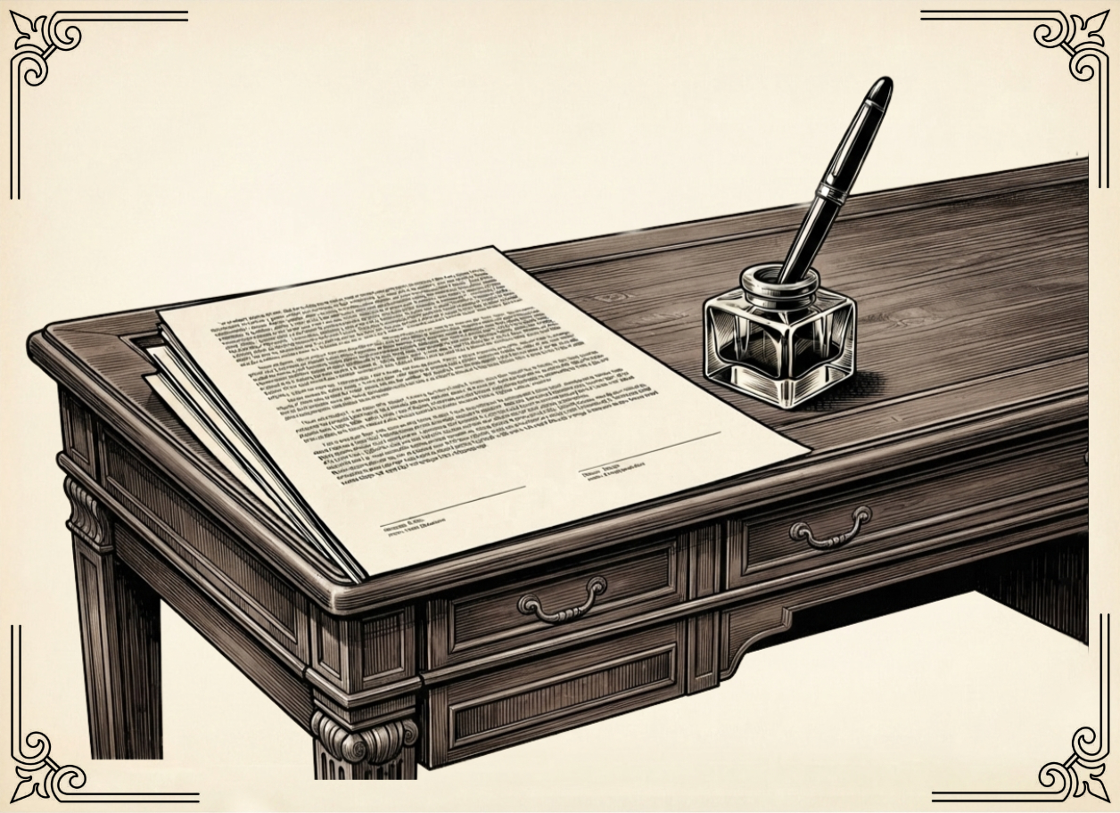 A signed document, fountain pen, and inkwell on a writing desk, drawn as a 19th-century engraving.